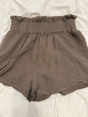 MARBLE High-Waist Ruched Shorts — Taupe Brown